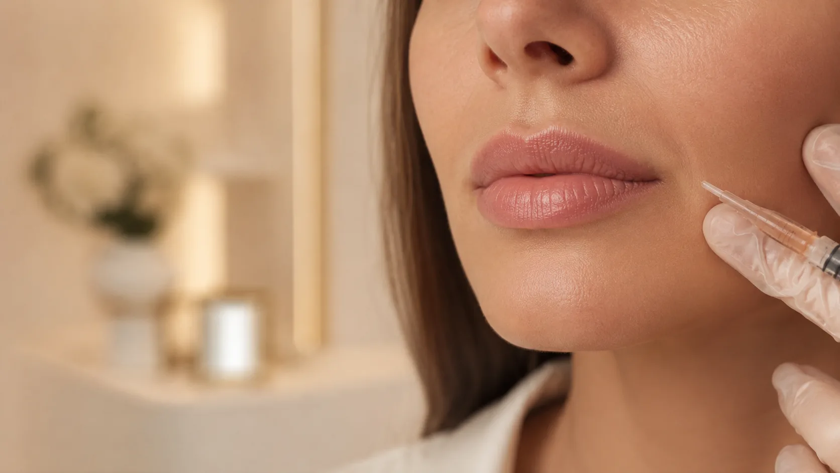 Procedimento estético labial em ambiente clínico